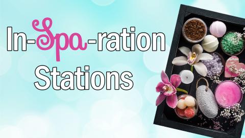 Image reads "In-SPA-ration Stations" against a blue background. A tray of spa items is to the right of the title.
