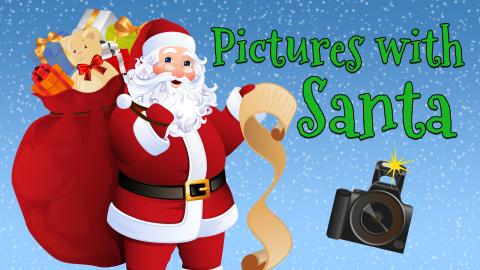 Image reads "Pictures with Santa" against a gradient blue background with snow falling. Santa with a toy bag and a list is to the left of the title. A camera with the flash going off is under the title.