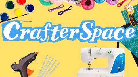 Image reads "CrafterSpace" against a yellow background. Crafting supplies and tools are scattered above and below the title. 
