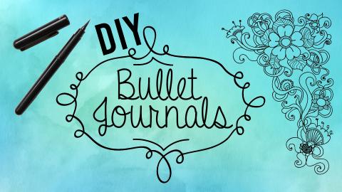 Image reads "DIY Bullet Journals" against a turquiose watercolor background. A pen and flower doodles are located around the title.