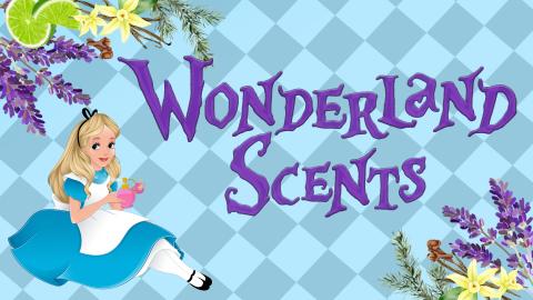 Image reads "Wonderland Scents" against a blue checkered background. Lavender, pine, lime, vanilla, and clove drawings are in the top left and bottom right corners. Alice from Alice in Wonderland is sitting to the left of the title holding a perfume bottle.