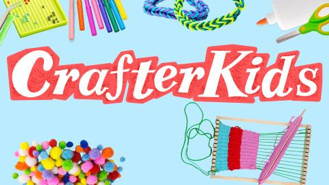Image reads "CrafterKids" against a blue background. Crafting supplies and tools are scattered above and below the title. 