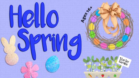 Image reads "Hello Spring" against a purple textured background. There are three bath bombs to the bottom left of the title, one yellow, one pink flower, and one blue egg. To the right of the title is a wreath made of eggs. To the bottom right of the title is a starter garden with seed sprouts sticking out. 