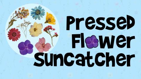 Image reads "Pressed Flower Suncatcher" against a floral background. A circle suncatcher with pressed flowers in it is to the left of the title.