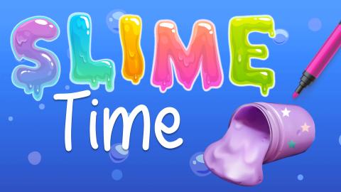 Image reads "Slime Time" against a blue background. A container of purple slime is to the left of the title with a pink marker.