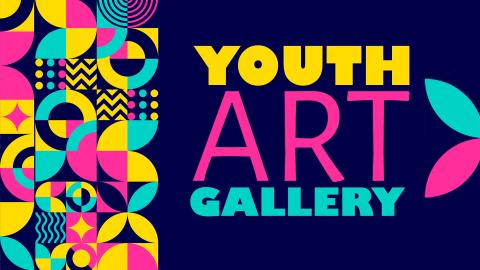 Image reads "Youth Art Month" in vibrant yellow, fuschia, and aqua over top of a deep navy backgrouns. A collage of yellow, fuschia, and aqua geometric design elements decorate the left side of the image with large, petal-like aqua and fuschia elements to the right.