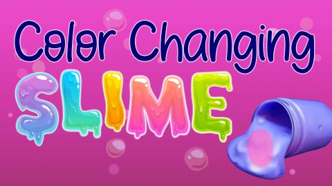 Image reads "Color Changing Slime" against a pink background. To the bottom right of the title is a container of blue slime with a pink fingerprint in the slime.