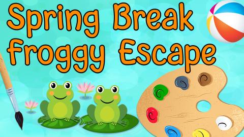 Image reads "Spring Break Froggy Escape" against a bubble background. Frogs on lily pads are scattered among the image. In the top right corner is a beach ball and the bottom right corner is a paint palette. In the bottom left corner is a paintbrush.