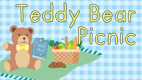 Image reads "Teddy Bear Picnic" against a blue and white gingham background. A teddy bear is sitting on a blanket to the bottom left of the title. The bear is holding a book and a picnic basket is beside the bear. 