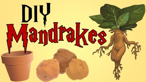 Image reads "DIY Mandrakes" against a yellow background. To the right of the title is a clay sculpted mandrake. Under the title are 3 balls of terracotta-colored clay and a terracotta pot.