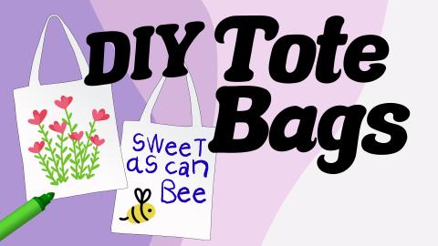 Image reads "DIY Tote Bags" against a purple multi-color background. Two decorated tote bags are under and to the left of the title.