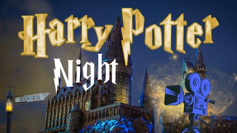 Image reads "Harry Potter Night" against a nighttime picture of Hogwarts castle. To the right of the title is an old school movie projector and gold magic dust. To the left of the title is a Hogwarts sign.