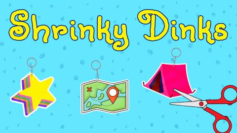 Image reads "Shrinky Dinks" against a blue background. A multi-color star, map, and tent shrinky dink are under the title. A pair of scissors is to the right of the shrinky dinks.