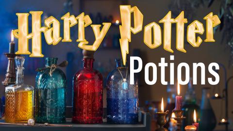 Image reads "Harry Potter Potions" against a background of potions in a room. 