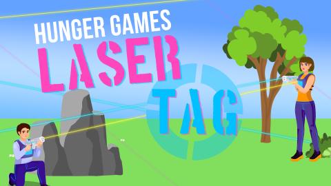 Image reads "Hunger Games Laser Tag" against an outdoor laser tag playing field background.