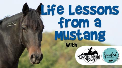 Image reads "Life Lessons from a Mustang" with Cowgirl Smarts and Spirited Horsemanship.he title are the 