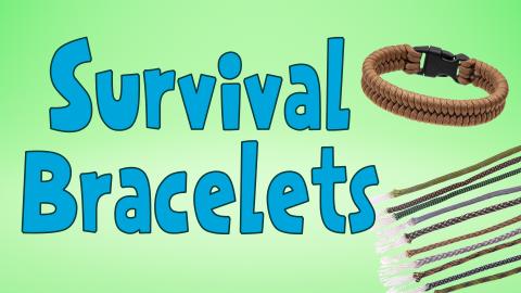 Image reads "Survival Bracelets" against a green background. To the right of the title are pieces of paracord and a paracord bracelet.