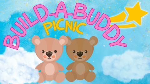 Image reads "Build-a-Buddy Picnic" against a blue watercolor sky background. Two bears with stuffing behind them are under the title. A wishing star is to the right of the title. 