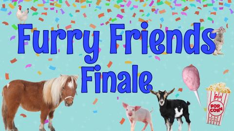 Image reads "Furry Friends Finale" against a blue confetti background. A pony, chicken, pig, goat, bunny, box of popcorn, and cotton candy are scattered among the image. 