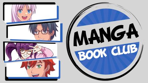 Image reads "Manga Book Club" in a blue starburst circle. To the left of the title are 4 graphic novel boxes with various characters in each box.