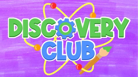 Image reads "Discovery Club" with a gear as the "o" and a model atom behind the title against a purple background.