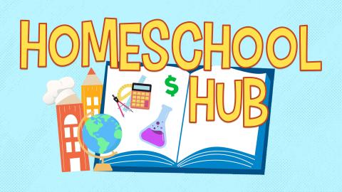 Image reads "Homeschool Hub" against a blue background. Under the title is an open book with math icons, a beaker, and a dollar sign. To the left of the open book is a globe, two buildings made out of pencils, and a chef hat hanging on one of the buildings. 