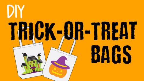 Image reads "DIY Trick-or-Treat Bags" against an orange background. Under the title are two tote bags with painted designs on them. One bag has a green "haunted house" and one bag has an orange pumpkin wearing a purple witch hat.