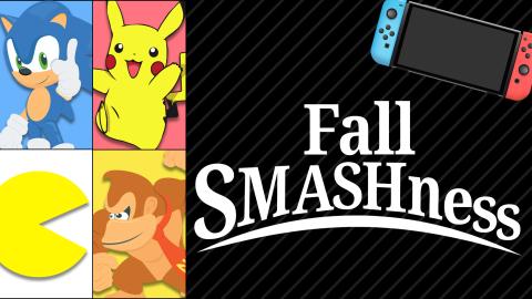 Image reads "Fall SMASHness" against a black background. To the left of the title are 4 colorful boxes with characters inside each box. The top left is Sonic, the top right is Pikachu, the bottom left is pac-man, and the bottom right is Donkey Kong.