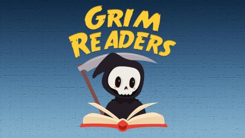 Image reads "Grim Readers" in yellow against a blue/grey gradient background. Under the title is a grim reaper holding a scythe in front of an open book.