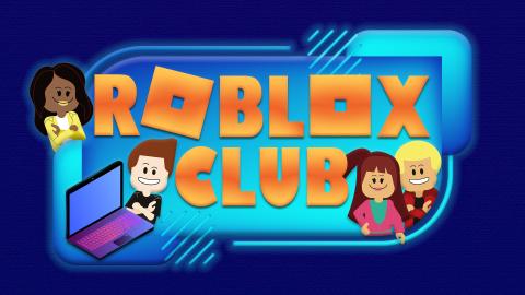 Image reads "Roblox Club" against a dark blue background. There are roblox characters scattered among the logo and a laptop in the bottom left. 