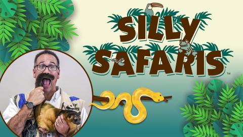 Image reads "Silly Safaris" against a gradient background. In the top left and bottom right corner are jungle leaves. In the bottom left corner is a circle photo of a Silly Safaris Funologist holding an animal.