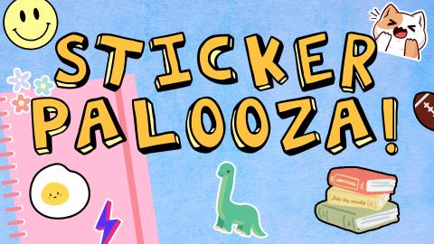 Image reads "Sticker Palooza!" against a blue background. Random stickers are scattered among the image.