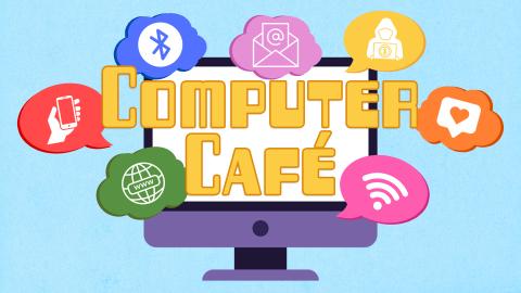 Image reads "Computer Café" against a blue background. Colorful speech bubbles are surrounding the computer screen. Inside the speech bubbles are icons representing the class topics. 