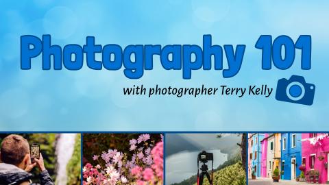 Image reads "Photography 101" against a textured background. Under the title are 4 photographs. 