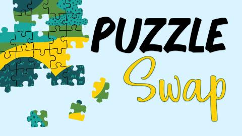 Image reads "Puzzle Swap" against a light blue background. To the left of the title is a puzzle with puzzle pieces scattered among the image. 