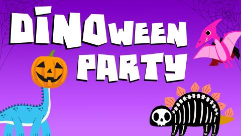 Image reads "DINOween Party" against a purple gradient background. Under the title are two dinosaurs in costume, one wearing a jack-o-lantern on its head and one dressed as a skeleton. To the right of the title is a velociraptor dressed as a vampire.