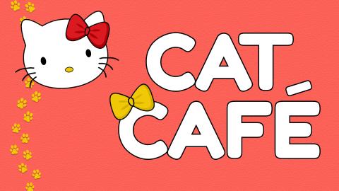 Image reads "Cat Café" against a light red textured background. To the left of the title is a white cat with a red bow and yellow paw prints going up the design.