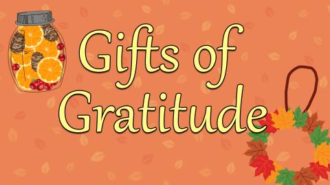 Image reads "Gifts of Gratitude" against a fall leaf background. To the right of the title is a fall leaf wreath and to the left of the title is a stovetop jar of potpourri. 