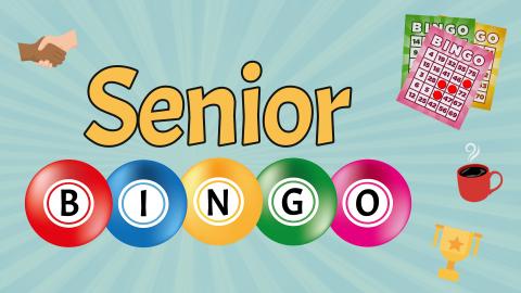 Image reads "Senior Bingo" against a starburst background. To the right of the title are bingo cards and shaking hands, a trophy, and a coffee cup are scattered among the image. 