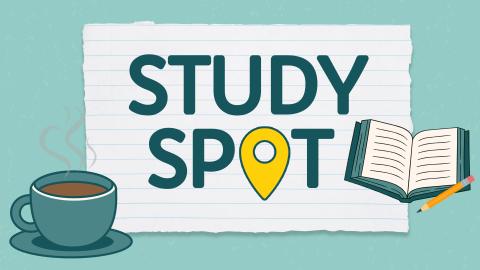 Graphic reading ‘Study Spot’ on a torn piece of notebook paper, with icons of a steaming coffee cup on the left and an open book with a pencil on the right. 