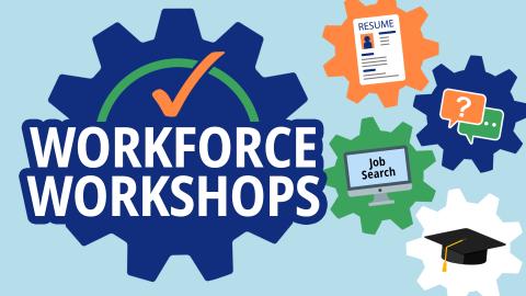 Graphic promoting Workforce Workshops, featuring large gear icons with images representing job search, resumes, career questions, and education. The main blue gear displays a checkmark and the text ‘Workforce Workshops.’ Additional gears show icons of a resume, speech bubbles with a question mark, a computer labeled ‘Job Search,’ and a graduation cap.
