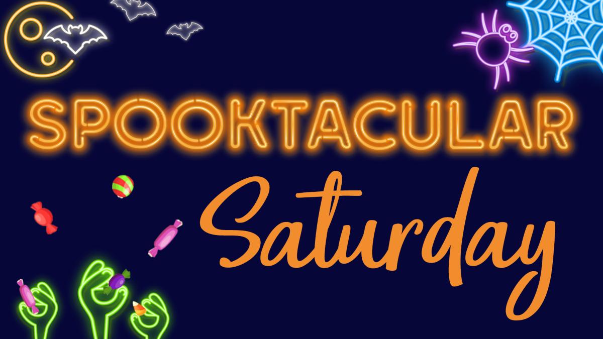 Image reads "Spooktacular Saturday" in a neon orange font against a dark blue background. Neon Halloween icons and candy are scattered around the image.