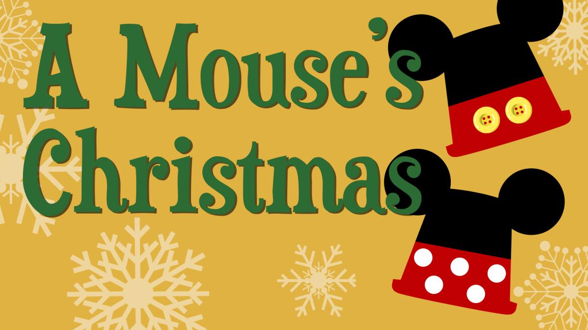 Image reads "A Mouse's Christmas" against a golden background. Two terracotta pots painted as Mickey and Minnie Mouse are to the right of the title. There are snowflakes scattered among the image.