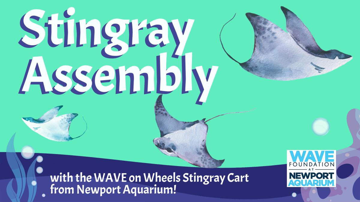 Image reads "Stingray Assembly" against a green background. Watercolor stingrays are scattered among the image. At the bottom of the image it reads "with the WAVE on Wheels Stingray Cart from Newport Aquarium!" and shows the WAVE Foundation logo.