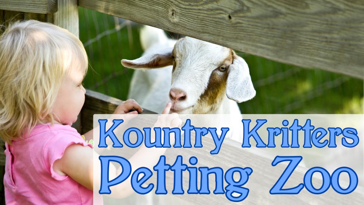 Image reads "Kountry Kritters" against a picture of a little girl petting a goat.