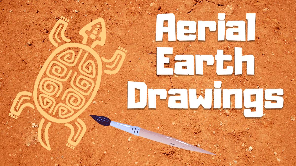 Image reads "Aerial Earth Drawings" against a red dirt background. A turtle drawing is to the left of the title and a paint brush is below the title. 