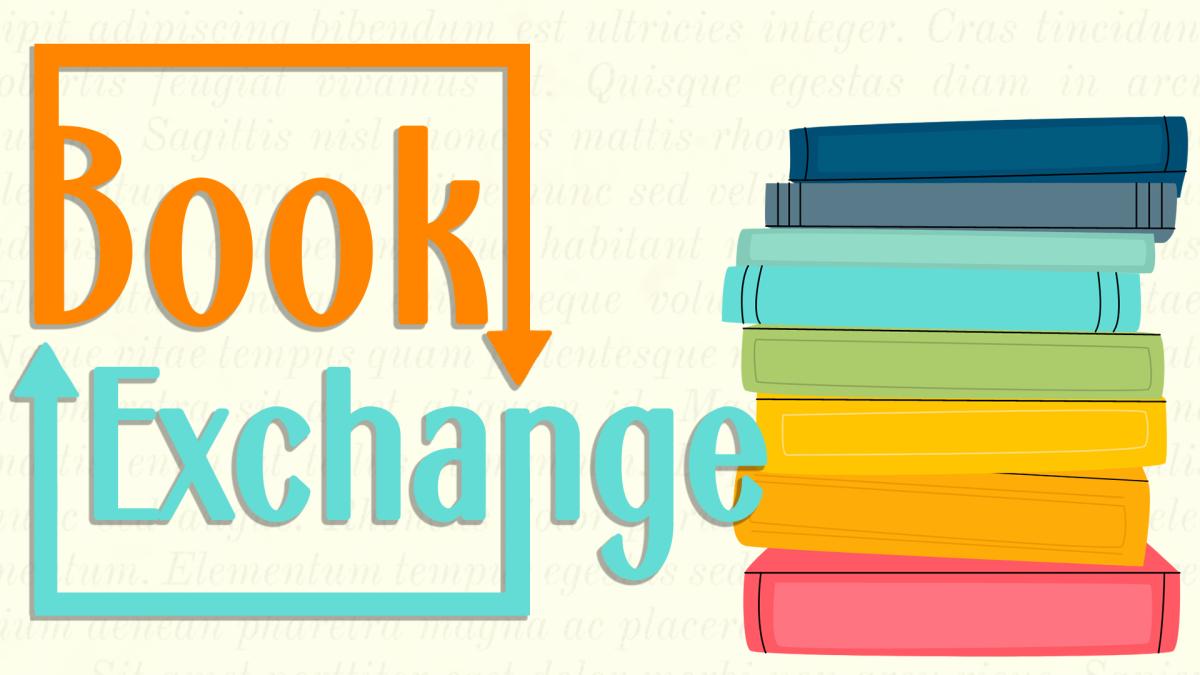 Image reads "Book Exchange" against a book page background. A stack of books is to the right of the title.