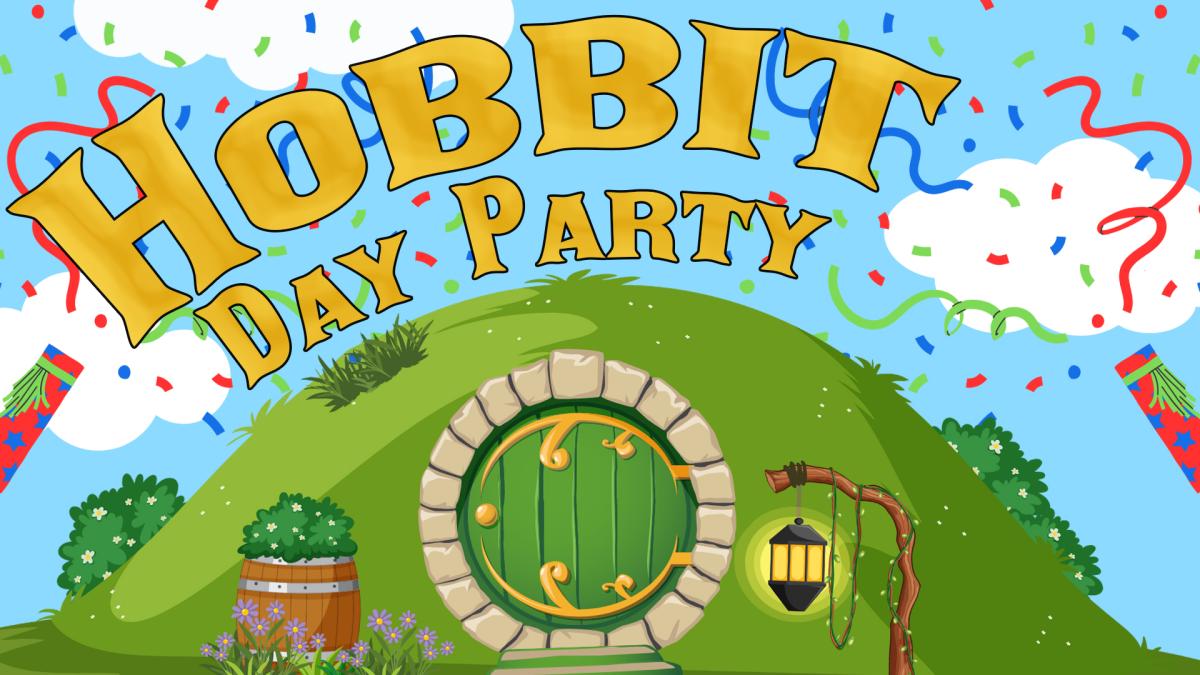 Image reads "Hobbit Day Party" above a hobbit shire style graphic with confetti in the sky.