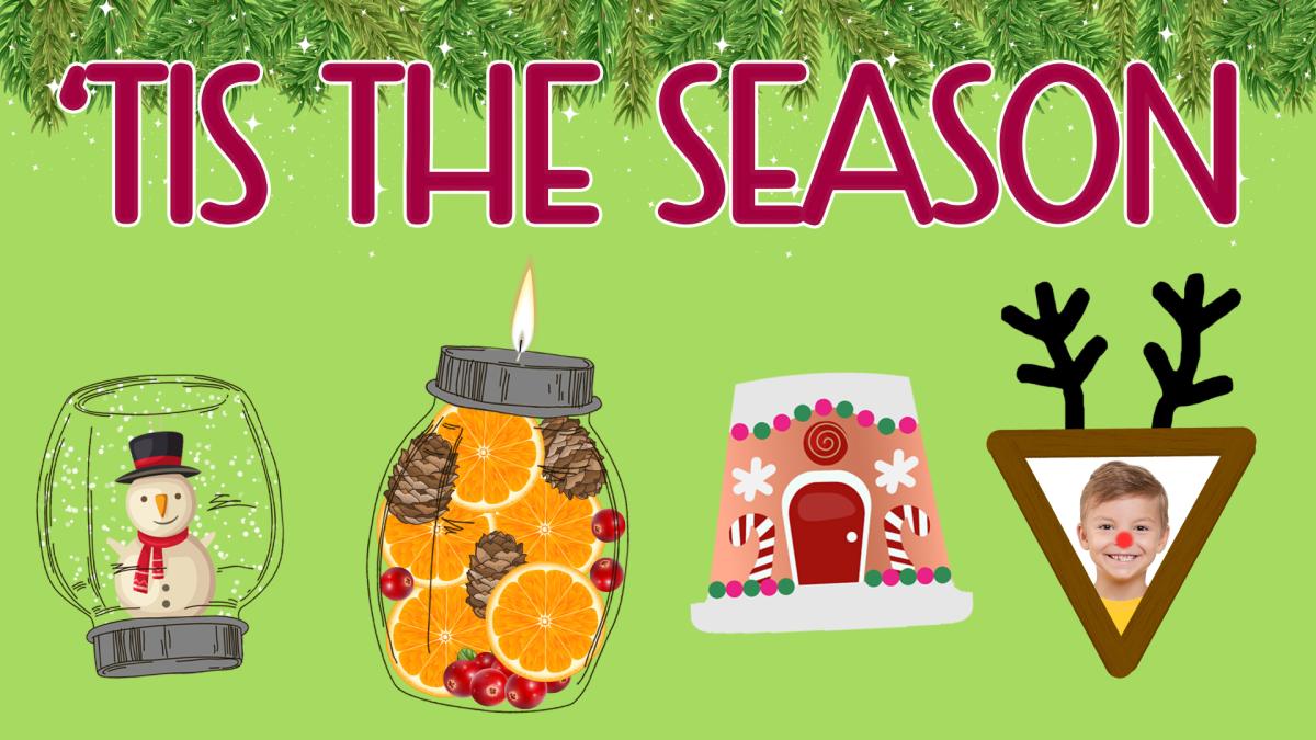 Image reads "'Tis the Season" against a green background. A snow globe, mason jar candle, reindeer picture frame, and terracotta gingerbread house are under the title.