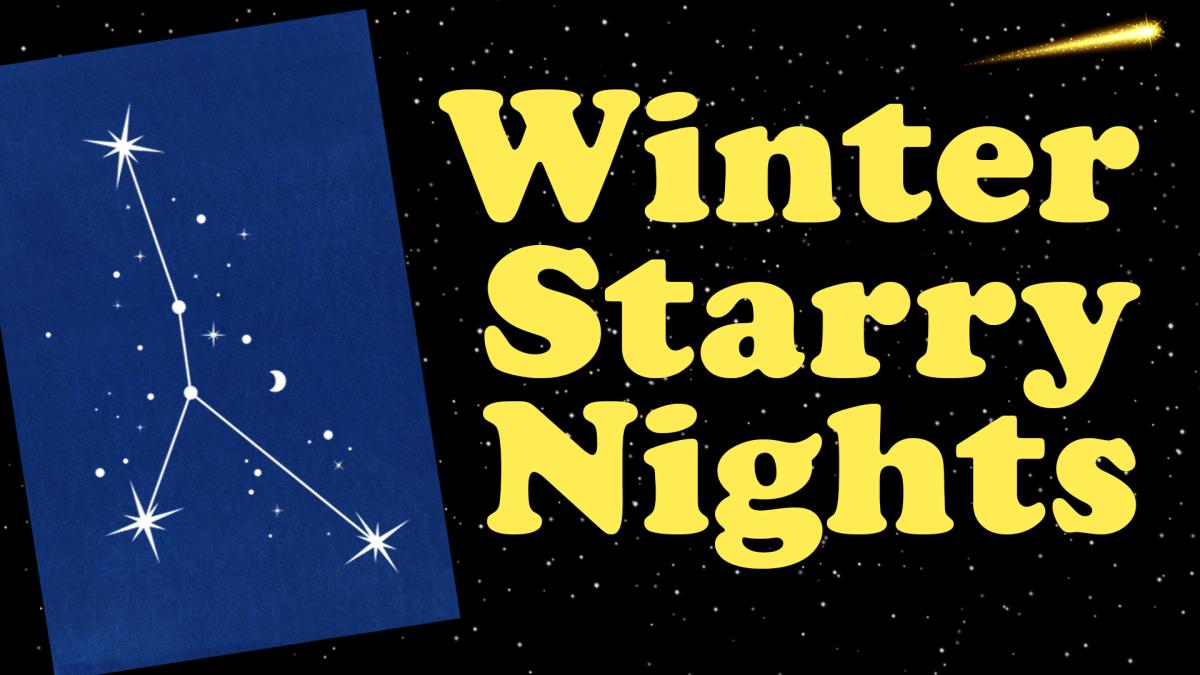 Image reads "Winter Starry Nights" against a black sky background. A cyanotype picture of a constellation is to the left of the title.